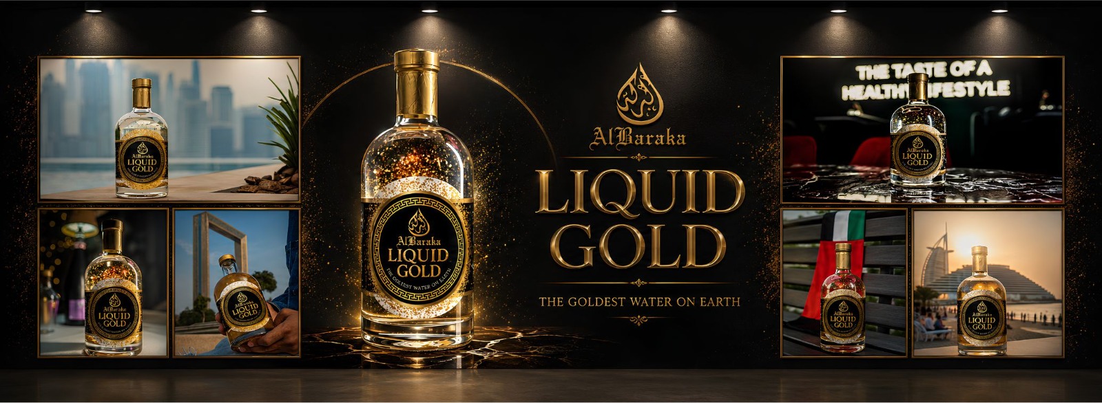 Al Baraka Liquid Gold campaign collage across Dubai landmarks