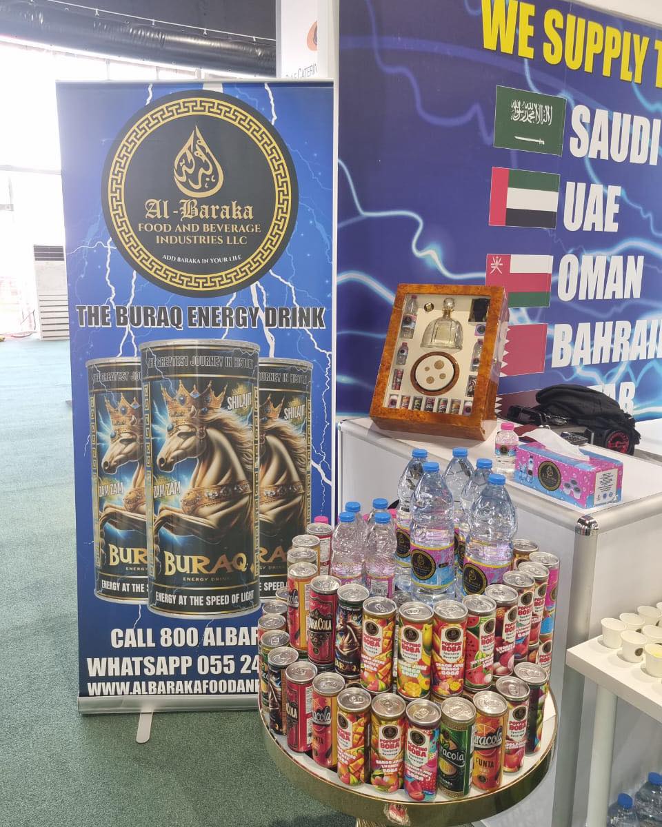Al Baraka Food & Beverage exhibition stand showing Buraq energy drink and beverage portfolio across GCC markets