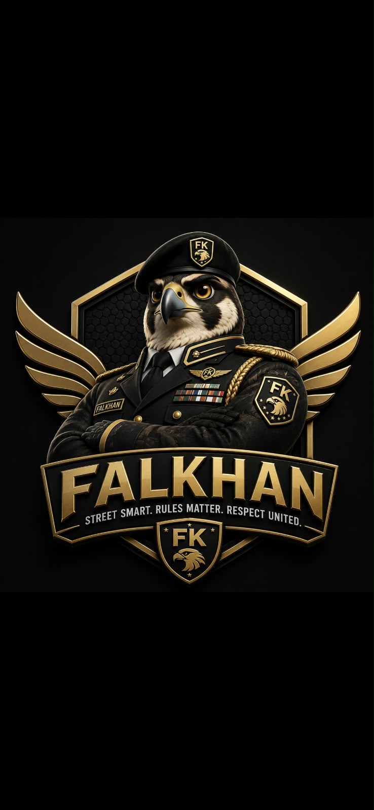 FalKhan emblem — uniformed falcon mascot with the motto street smart, rules matter, respect united
