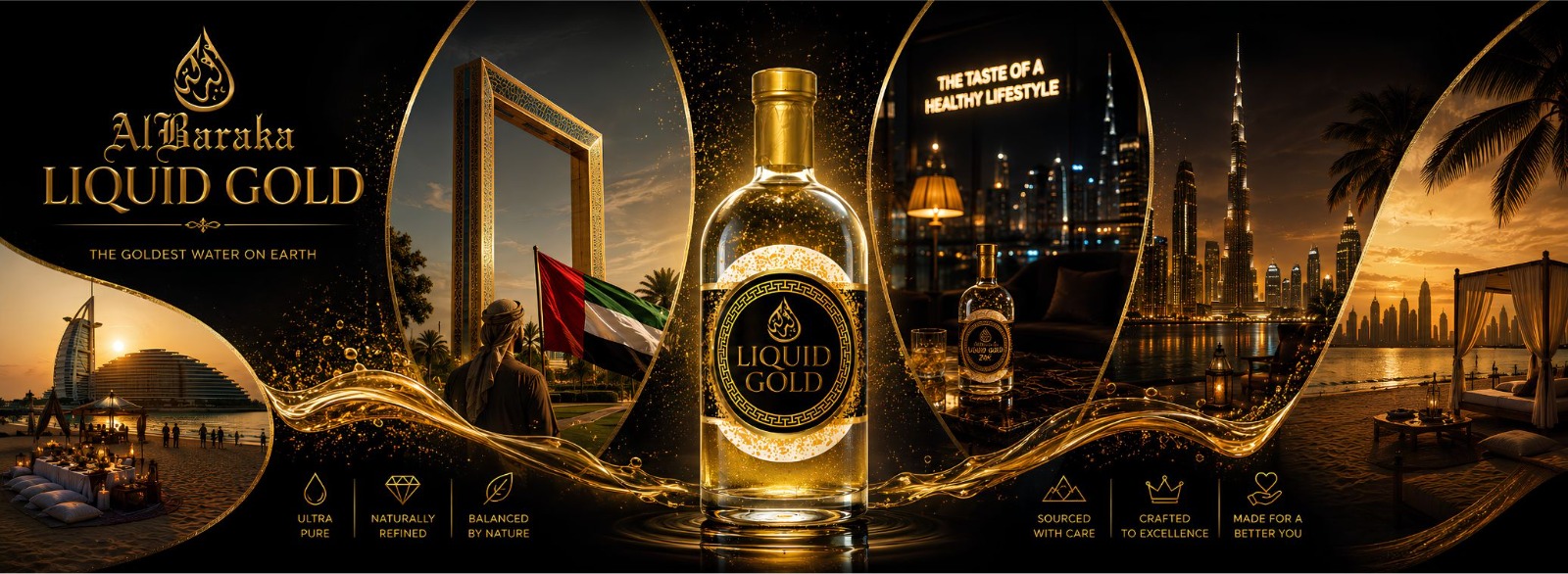 Liquid Gold brand banner — the goldest water on earth, shot across Dubai landmarks